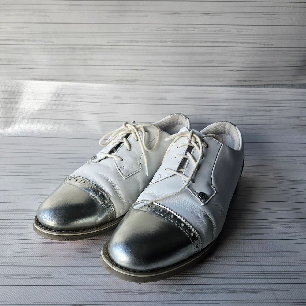 G/FORE Longwing Gallivanter Cap Toe Golf Womens 11 White Silver Metallic Leather